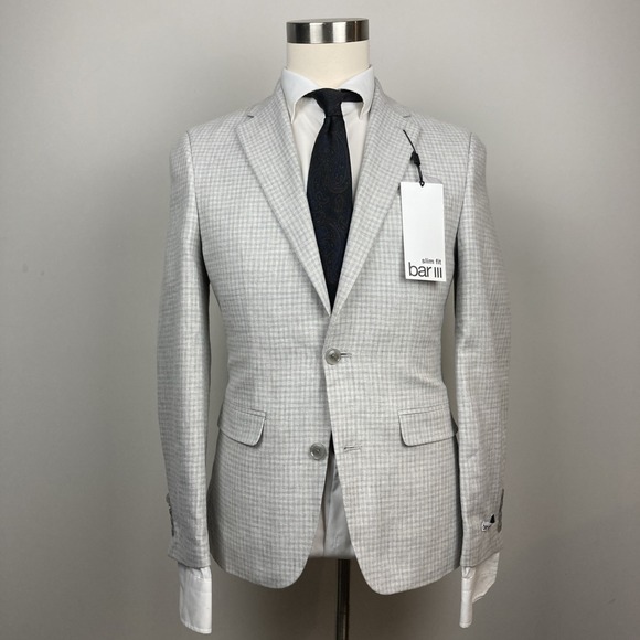 Bar III Mens 36S Natural Gray Plaid Slim Fit Blazer Suit Jacket Linen Cotton